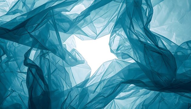 Crumpled blue translucent plastic film, center white opening.
