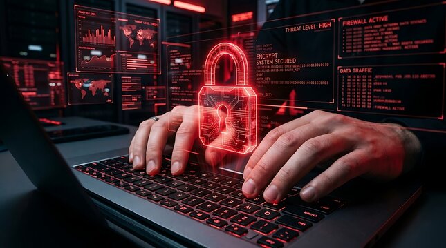Cyber security specialist typing on laptop with glowing red digital lock hologram indicating data protection and threat prevention.