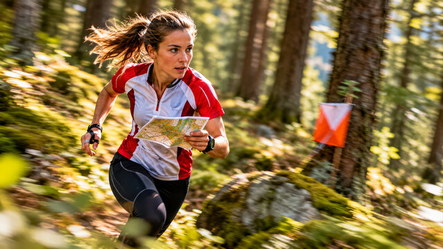 A woman running through the woods on orienteering competition.