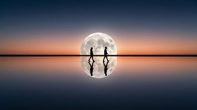 Silhouettes of two people walking across serene reflective surface towards large full moon on horizon during twilight, evoking romance and journey.
