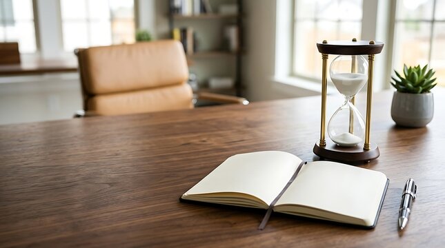 Open notebook and hourglass on wooden desk with leather chair and window in office setting, symbolizing time management, planning, and productivity.