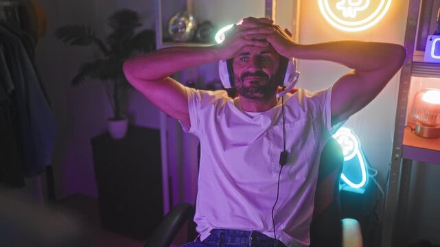 Man with headset holds hands on head in studio gaming setup with neon sign, desk, lamp and potted plant while seated in gaming chair; frustration defeat.