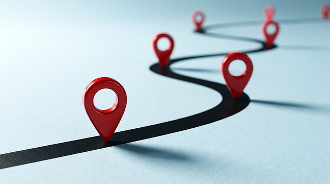 Series of red location pins placed along a winding black path on a light blue surface, illustrating a route or journey with multiple waypoints.