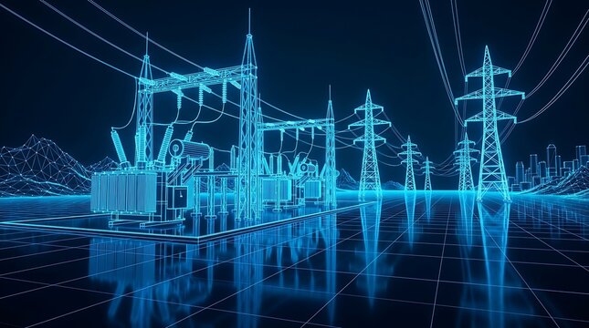 Futuristic wireframe 3d rendering of an electrical substation with transformers and power lines glowing blue on a dark grid background, representing energy infrastructure.