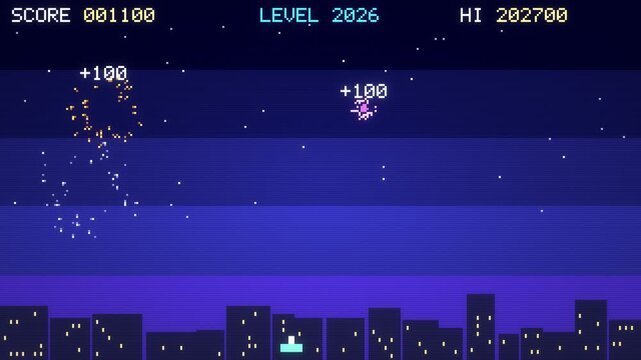 Pixel art 2027 with arcade fireworks and a city skyline for gaming channel intros, New Year party screens and gamer greetings