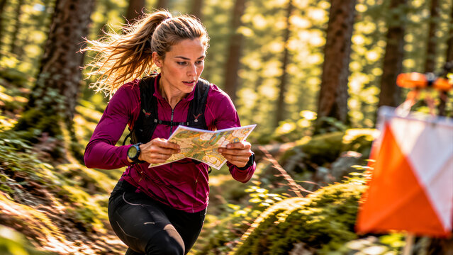 A woman running through the woods on orienteering competition.