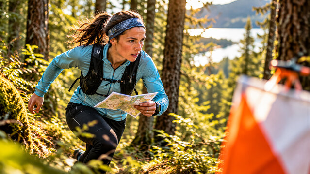A woman running through the woods on orienteering competition.