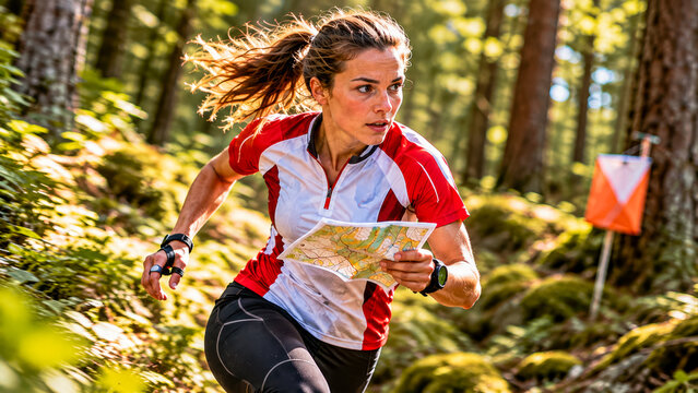 A woman running through the woods on orienteering competition.