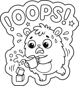 Cute Funny Hedgehog Character Spilling a Drink with Surprised Expression and OOPS Text, Playful Cartoon Animal, Black and White Coloring Page Line Art