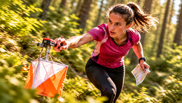 A woman running through the woods on orienteering competition.