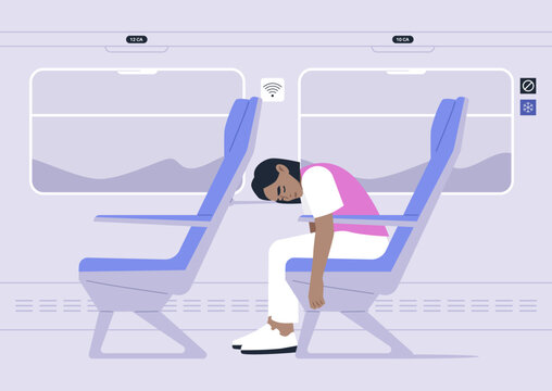 With head resting gently against the front seat, an exhausted traveler dozes off on a train, enjoying a moment of tranquility amidst the rhythmic rock of the journey while the sun brightens the day.