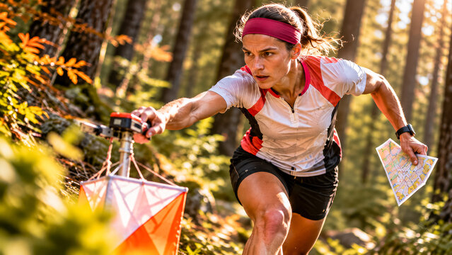 A woman running through the woods on orienteering competition.