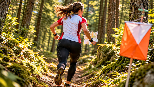 A woman running through the woods on orienteering competition.