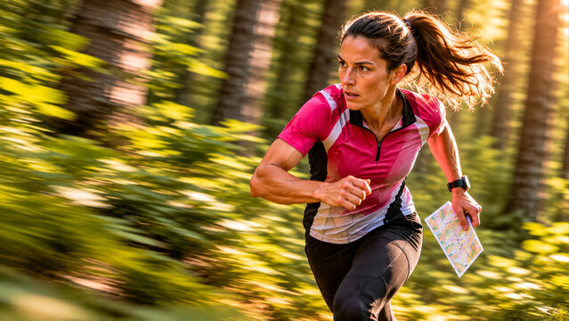 A woman running through the woods on orienteering competition.