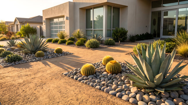 Arizona front yard landscaping featuring agave plants, barrel cactus, and river rocks in a modern desert home