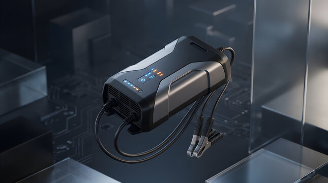 Modern electronic 12 vbattery charger with jumper cables floating in abstract futuristic tech studio setting