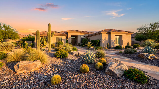 Arizona front yard landscaping with native desert cacti and succulents in a modern southwestern residential home