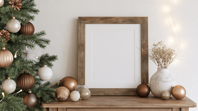Frame mockup on wood table, next to Christmas tree