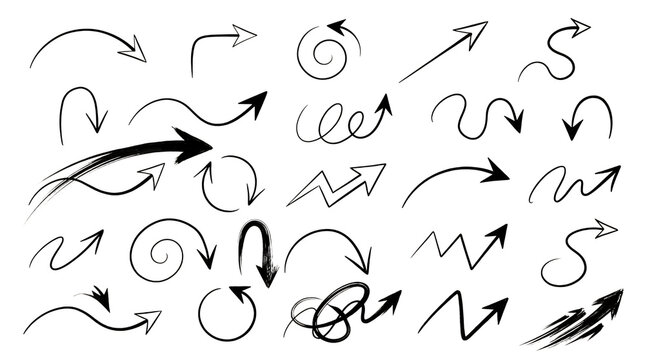 Set of hand drawn sketch arrows and doodle pointers for design projects featuring various shapes and styles like curvy wavy circular and straight lines for highlighting text or web navigation