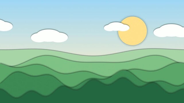 Paper cut layered green hills scrolling in parallax under a sunny sky with clouds, seamless loop