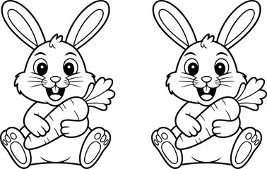 Fototapeta premium Cute cartoon easter bunny sitting and holding a carrot set isolated on white background vector illustration for kids coloring page project