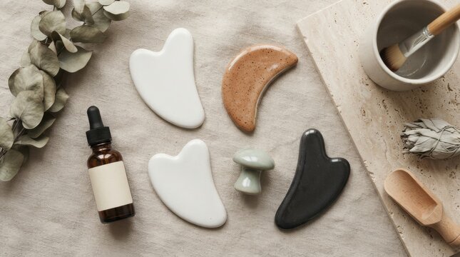 facial guasha ceramic tools Flatlay of gua sha tools, oil bottle, and smudge stick for skincare ritual