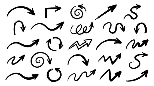 Set of hand drawn black arrows with various shapes and directions including curvy zigzag and circular styles for design elements and creative sketches in a simple marker or ink drawing style