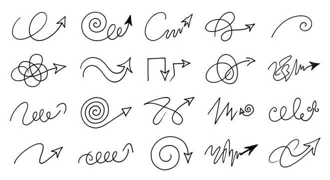 Set of hand drawn doodle arrows and decorative swirls for design elements including scribbles loops and curved lines for creative projects in a simple sketch style for planners and journals