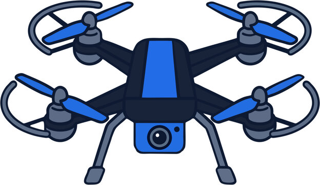 A flat vector illustration of a blue and black quadcopter drone with an integrated camera