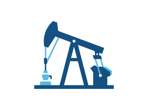 A blue oil pumpjack illustration depicts an oil drilling rig used in the energy industry.
