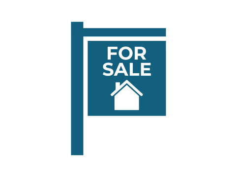 A blue for sale sign with white house icon attached to a pole against a clean white backdrop.