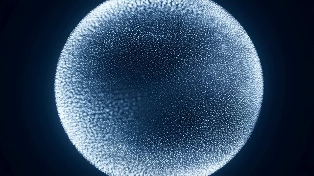 Numerous small particles flow and pulse to form a glowing blue and white sphere on a dark gradient background. Animated scene combines particles and sphere with glowing light.