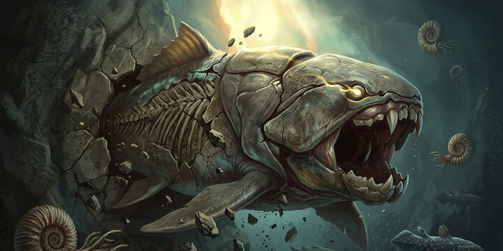 A fierce prehistoric armored fish breaking out of its stone fossil in a deep ocean trench, coming back to life with glowing eyes and magical energy.