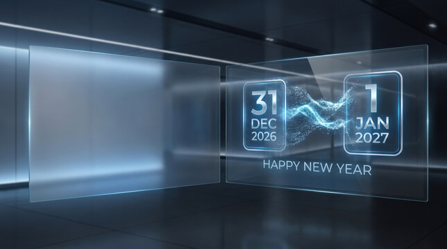 Transparent digital screen displaying december 31 to january 1 for 2027 with new year