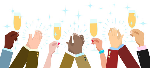 Obraz premium Applause and sparkling wine glasses up. Party celebration