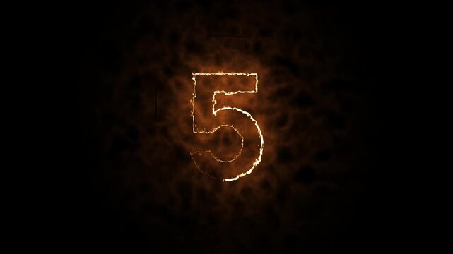 A blazing number 5 made of realistic red and orange flames, isolated on a black background. Perfect for countdowns, celebrations, sports graphics, gaming, promotional videos, and motion design.
