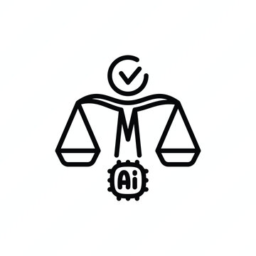 AI justice thin line icon representing artificial intelligence, fairness, equal treatment, ethical algorithms, responsible technology, and digital rights. Vector illustration.