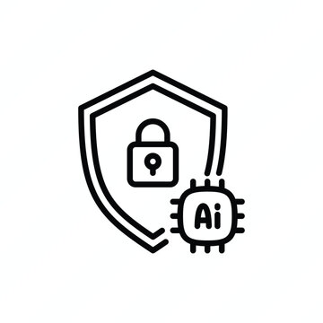 AI security thin line icon representing artificial intelligence, cybersecurity, data protection, secure systems, threat prevention, and digital safety. Vector illustration.