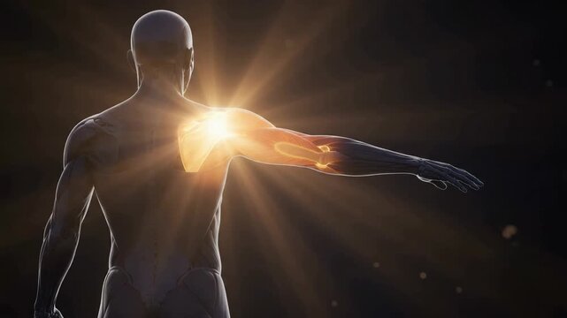 A 3D animation depicts the rear view of the human male muscular system against a dark background.