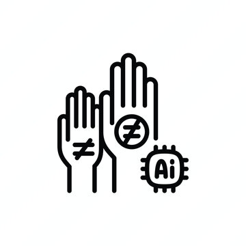 AI without racism thin line icon representing artificial intelligence, racial equality, unbiased algorithms, inclusive technology, equal treatment, and responsible AI. Vector illustration.