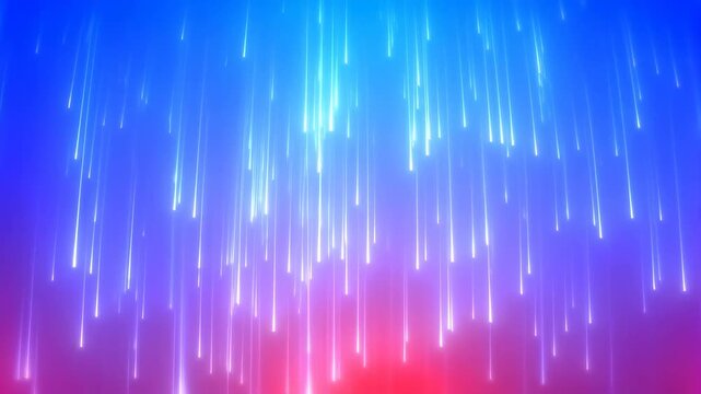 Glowing vertical light streaks fall downward over a smooth blue to pink gradient background. Abstract backdrop shaped by falling motion, light rain and digital rain.