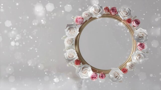 Elegant gold frame adorned with roses creating a soft romantic atmosphere for announcements and celebrations.