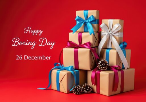 Boxing day gifts stack with ribbons and pine cones