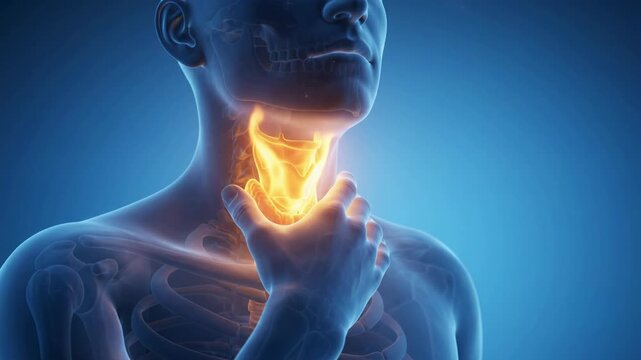 Medical illustration video of a man touching his neck showing internal skeletal structures on a blue background.