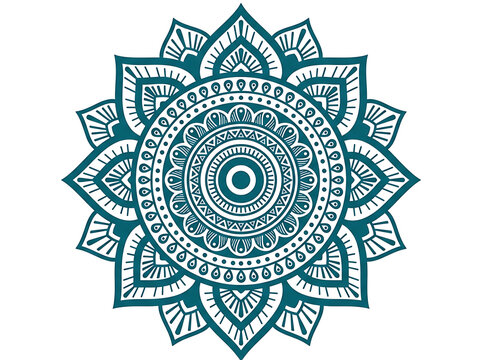 Intricate teal mandala pattern with symmetrical floral and geometric shapes on a plain white background, meditation and relaxation