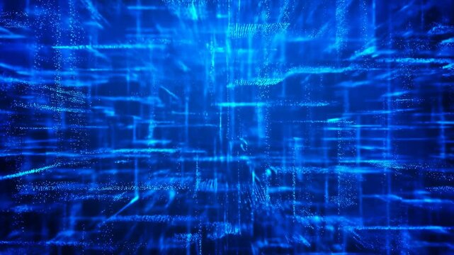 Dynamic blue glowing digital grid with drifting particles creating a sense of depth and data flow. Flowing visual background for technology presentations and digital backgrounds.