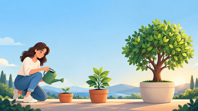 植物を育てる女性で表現した成長と育成のイラスト