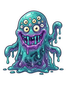 Friendly creepy blob creature with multiple eyes and wide gooey grin, glossy translucent teal and purple slime body, Neo Ooze style