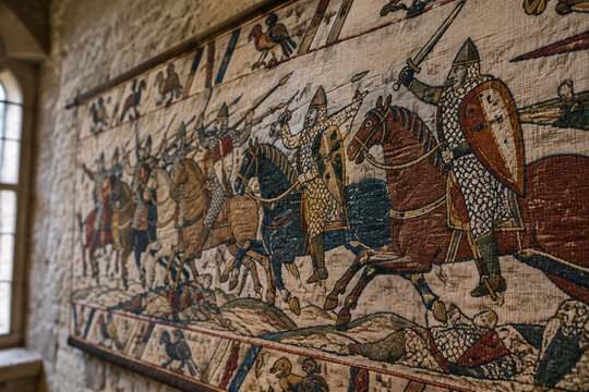 Close-up of an ancient tapestry depicting a Norman cavalry charge.
