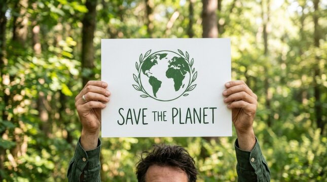 Person holding save the planet sign in forest